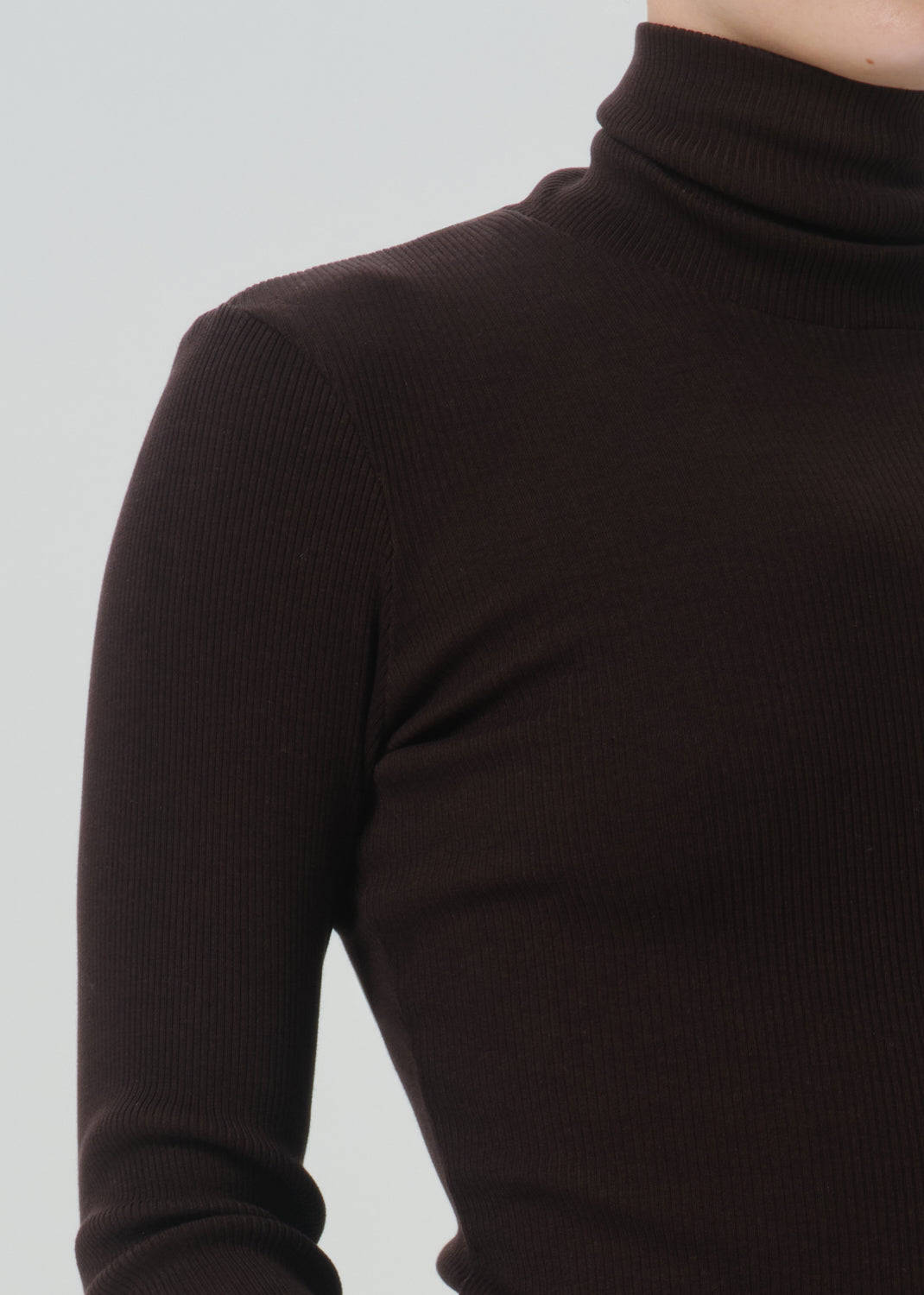 Close-up of a person wearing a dark brown ribbed turtleneck sweater against a grey background.
