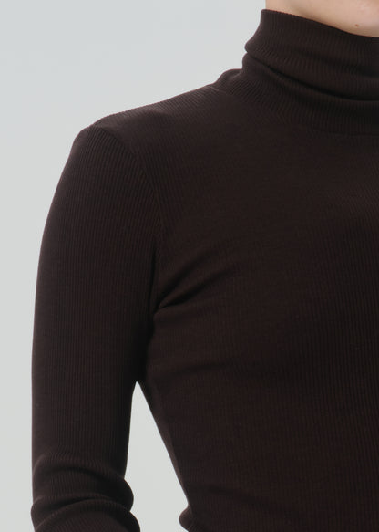 Close-up of a person wearing a dark brown ribbed turtleneck sweater against a grey background.