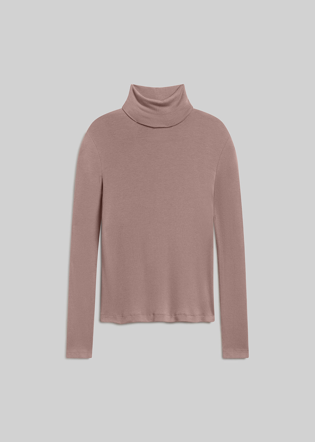 Cocoa brown long-sleeve turtleneck top with a relaxed silhouette, folded high neckline, and straight hem, front flat lay view on a grey background