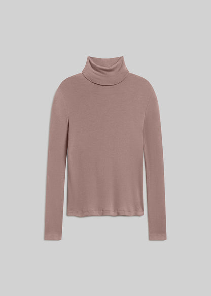 Cocoa brown long-sleeve turtleneck top with a relaxed silhouette, folded high neckline, and straight hem, front flat lay view on a grey background