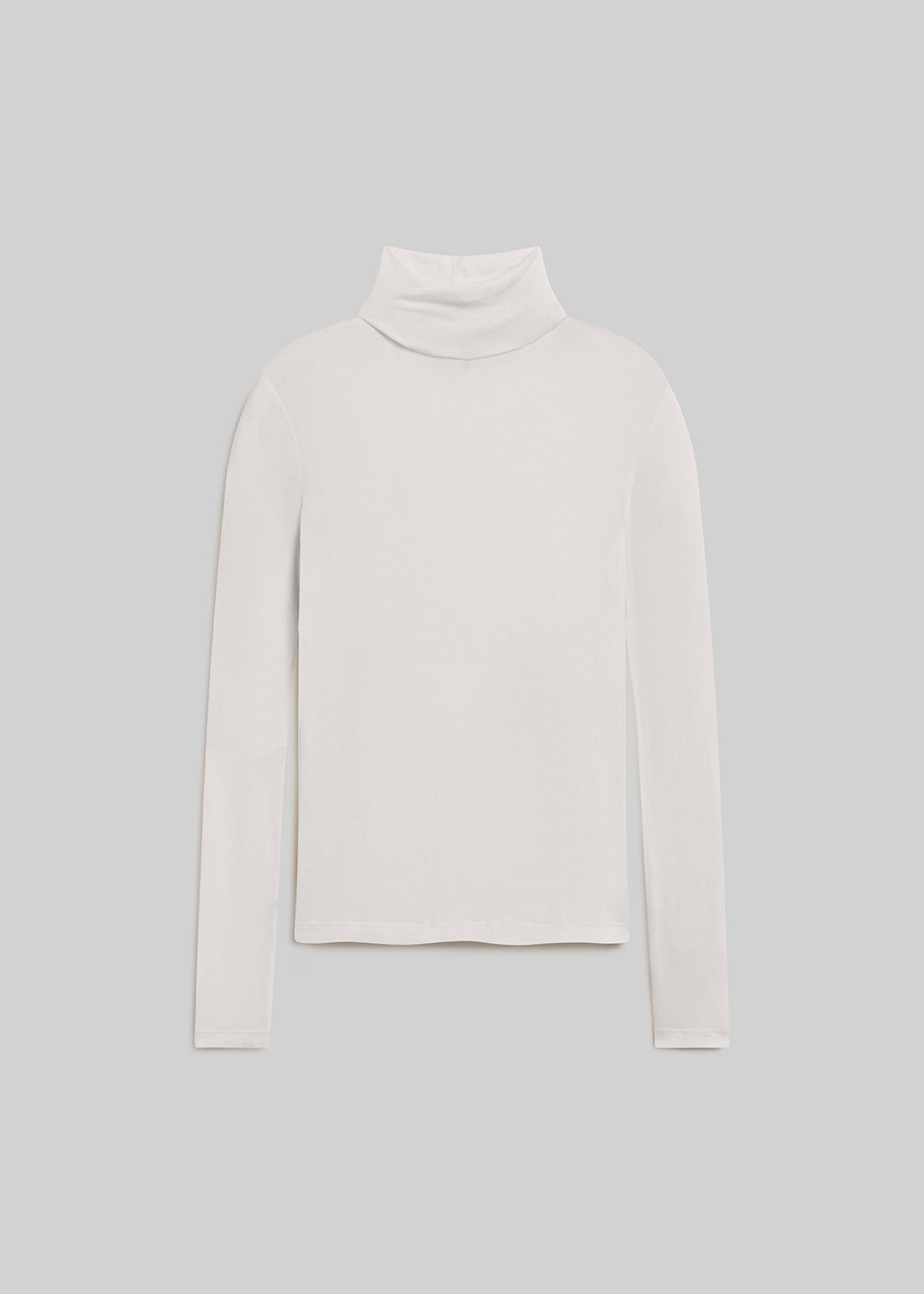 White long-sleeve turtleneck top with a relaxed silhouette, folded high neckline, and straight hem, front flat lay view on a grey background