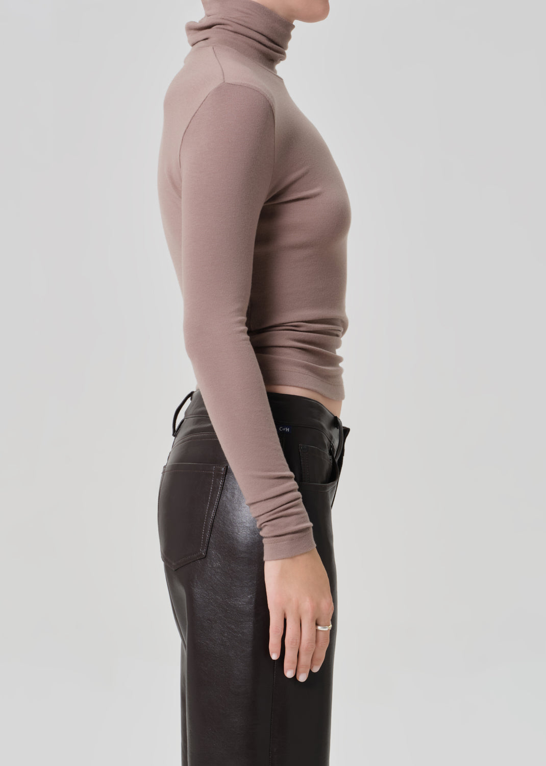 Person wearing a brown turtleneck and brown leather pants on a light gray background