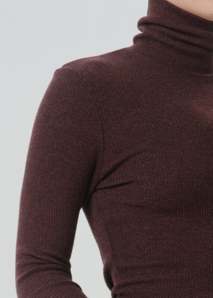 Close-up of a person wearing a ribbed long-sleeve turtleneck sweater in a deep burgundy-brown color, against a grey background.