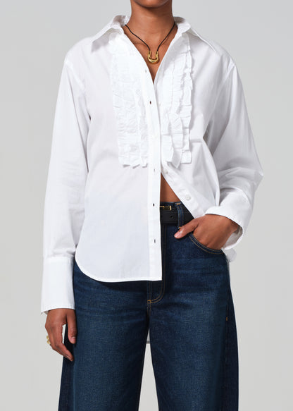 Ruffle Tuxedo Shirt in White FRONT