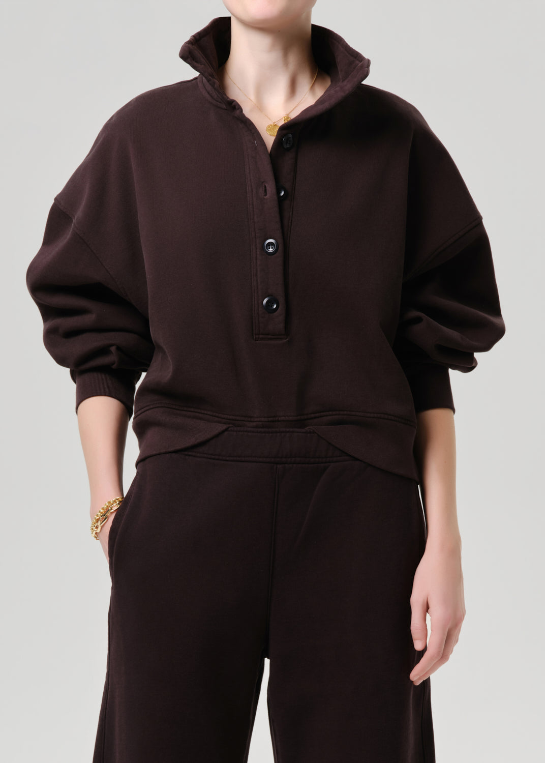 A model wearing a dark brown pullover sweatshirt with a high mock neck and button placket, paired with matching dark brown sweatpants, against a grey background.