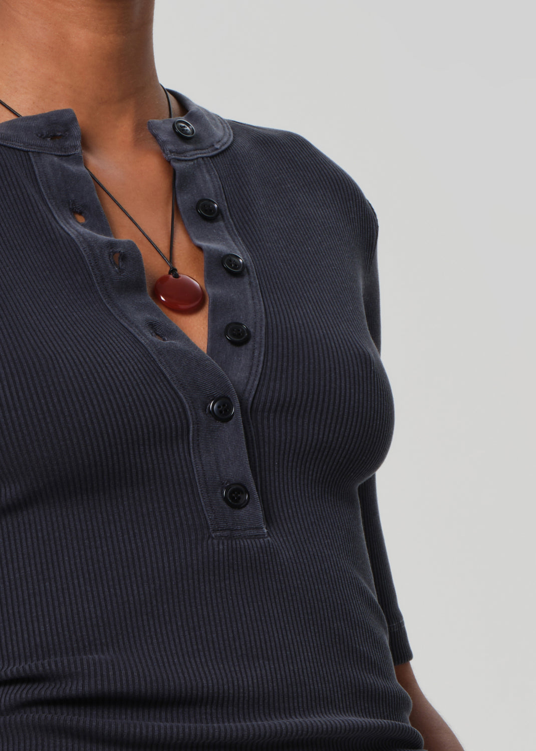 Nali Short Sleeve Henley in Charcoal detail