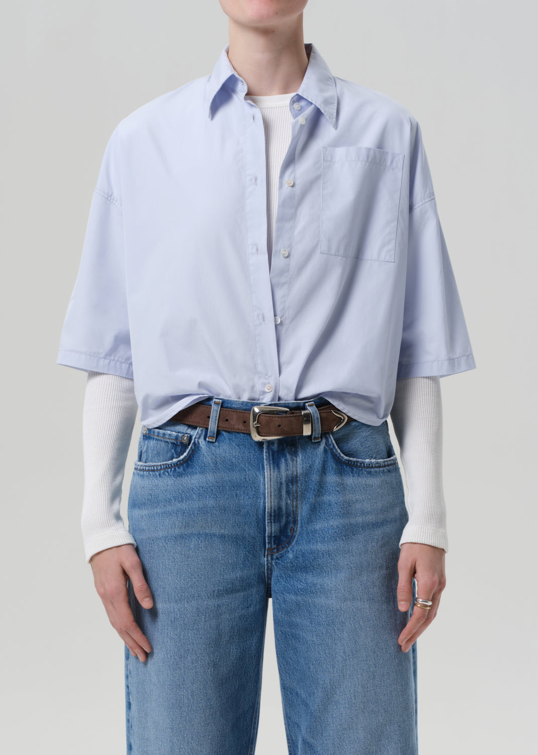 Frances Cropped Cape Button Up in Baby Blue