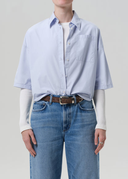 Frances Cropped Cape Button Up in Baby Blue