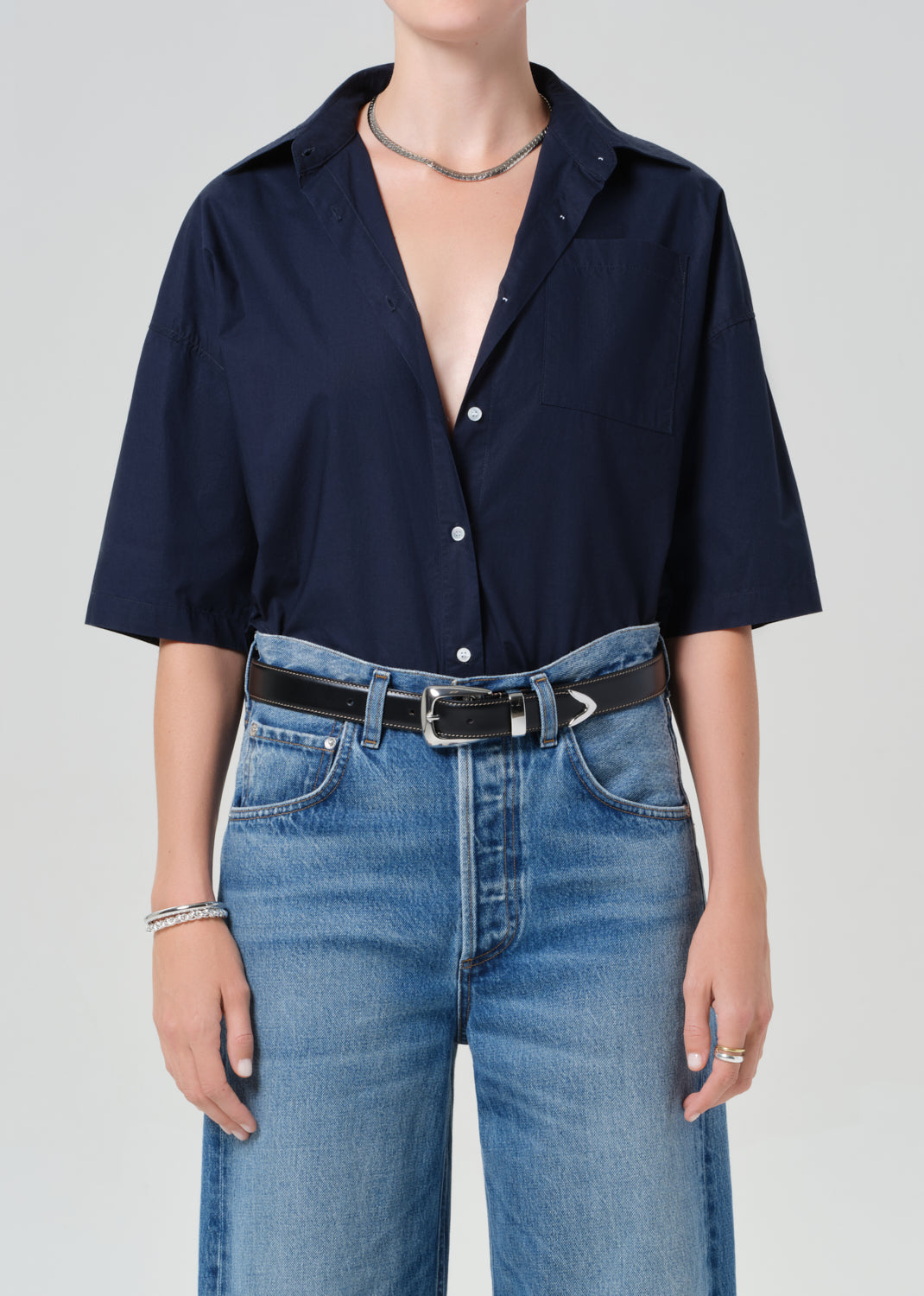 Frances Cropped Cape Button Up
In Navy