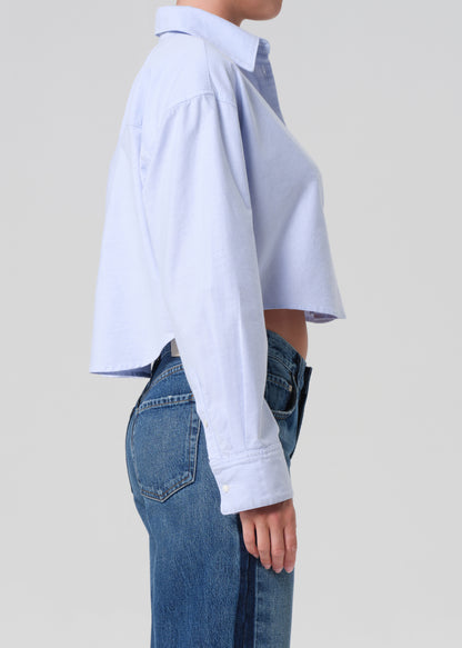 Person wearing a light blue shirt and blue jeans on a plain background