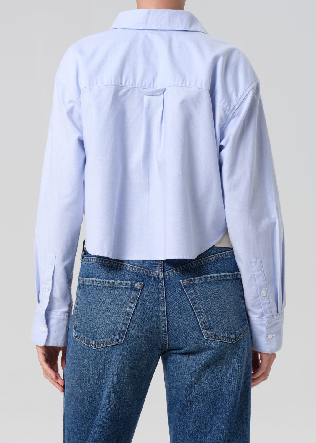 Light blue button-up shirt and blue jeans on a plain background