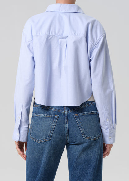 Light blue button-up shirt and blue jeans on a plain background