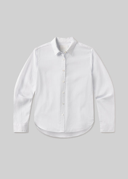 White dress shirt with blue stripes on a light gray background