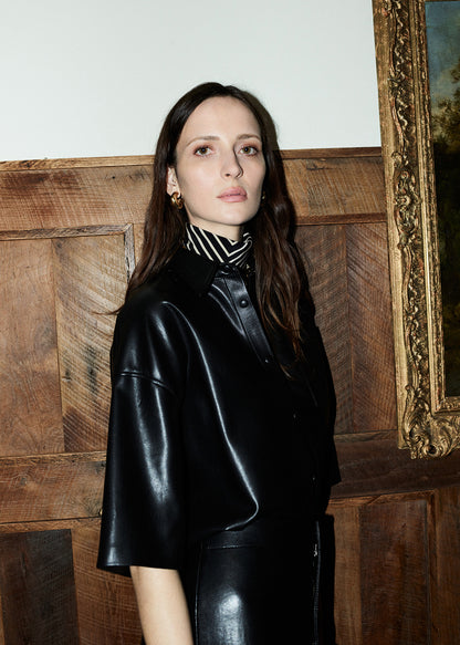 Frances Cropped Cape Button Up in Black