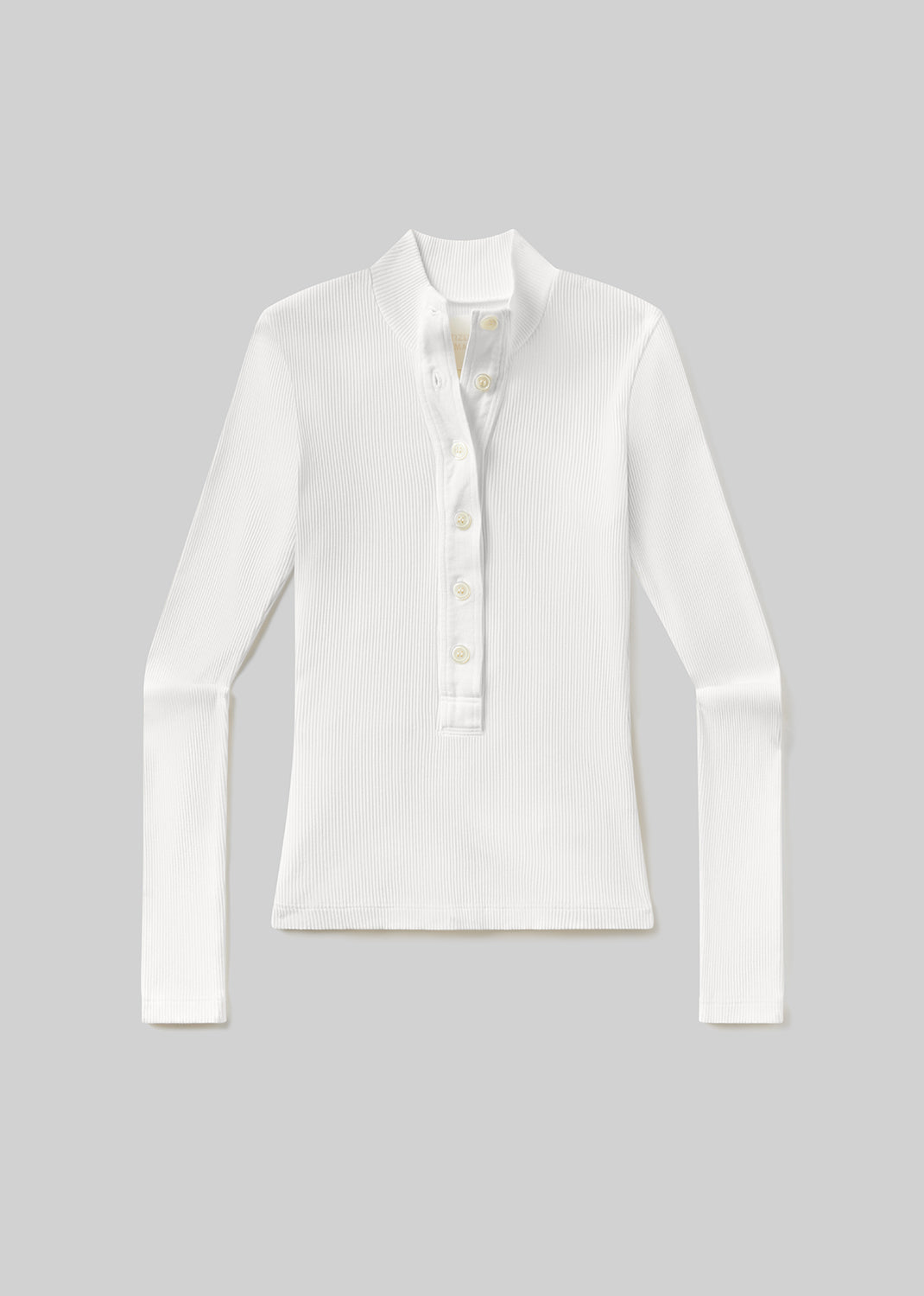 White long-sleeve ribbed henley top with a mock neckline, partial button placket, and fitted silhouette, front flat lay view on a grey background.