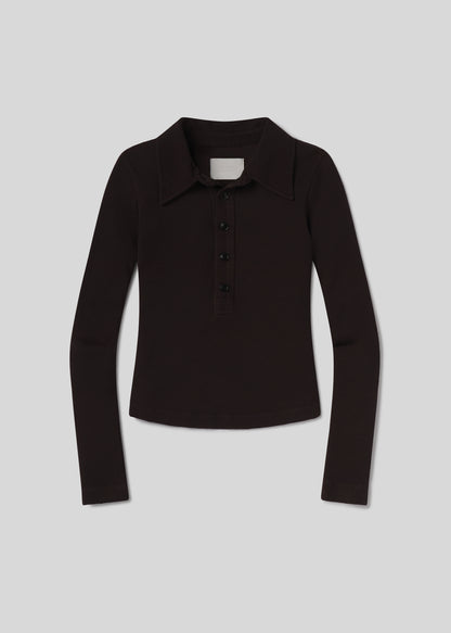 Long Sleeve 60's Polo in Chocolate flat