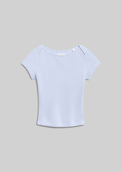 Light blue waffle-knit short-sleeve tee with a wide round neckline, fitted silhouette, and textured finish, front flat lay view on a grey background.