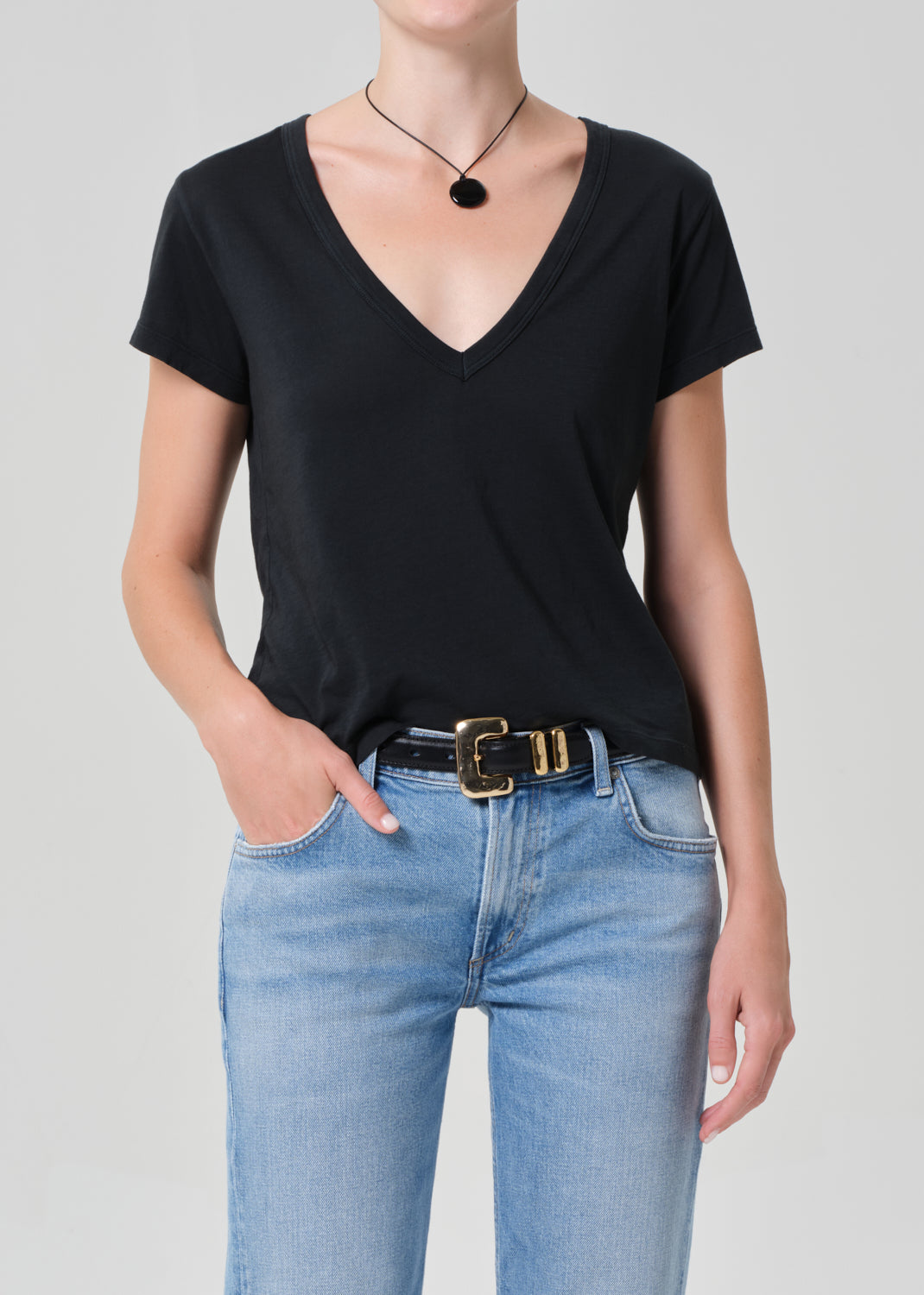 Hara V Neck Tee in Washed Black