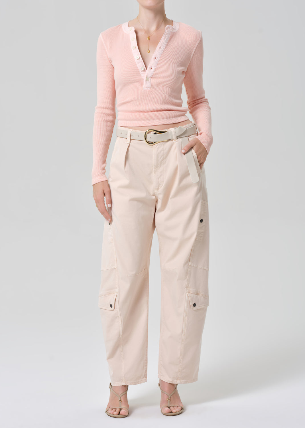 Drea Waffle Henley in Melon Creme