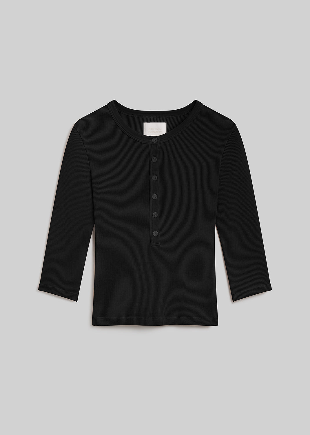 Juniper three-quarter sleeve ribbed henley top with a round neckline and six-button front placket, front flat view on a grey background.