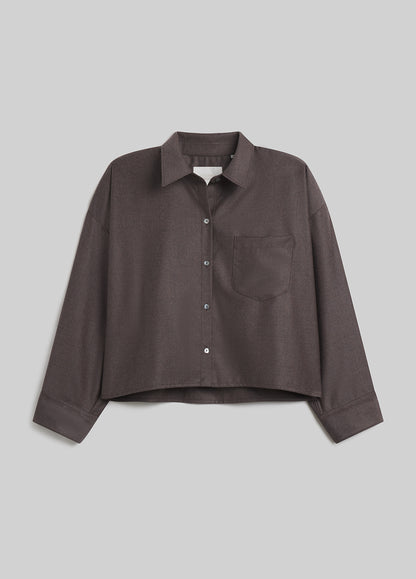 Heather brown button-down shirt on grey background