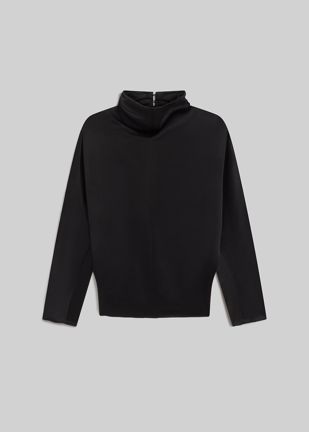 Black satin draped mock-neck top on grey background