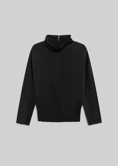 Black satin draped mock-neck top on grey background
