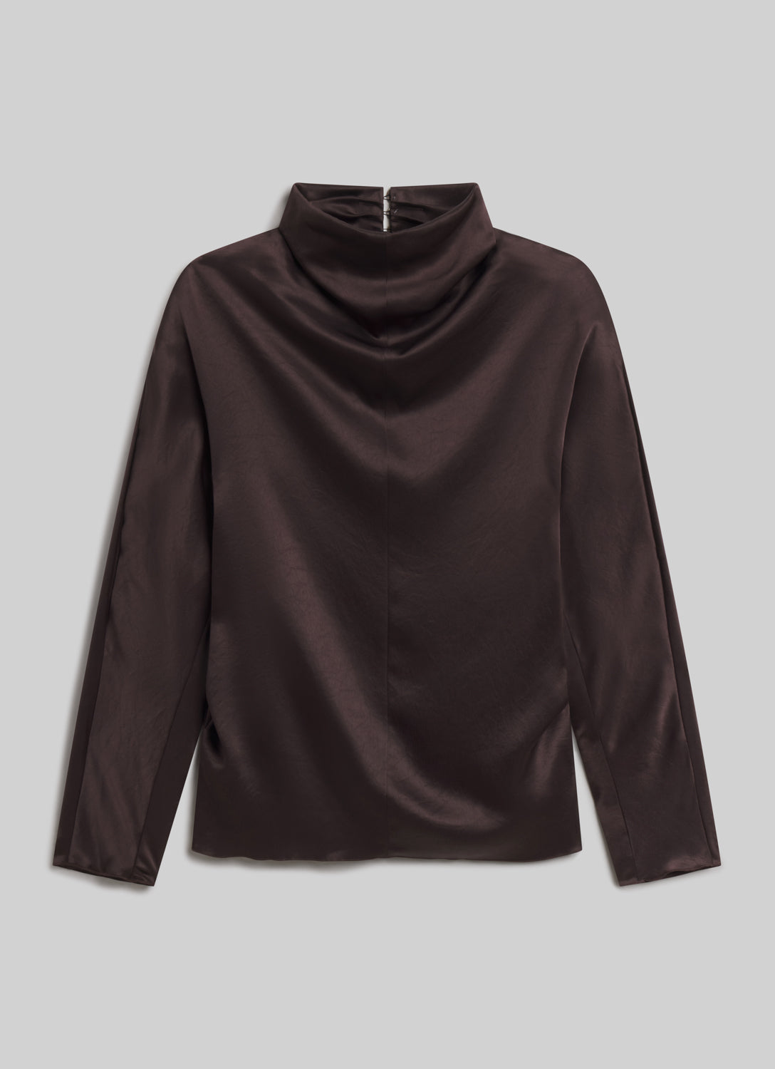Dark espresso brown long sleeve satin top with a draped high neckline, subtle sheen, and relaxed silhouette, front flat view on a grey background.