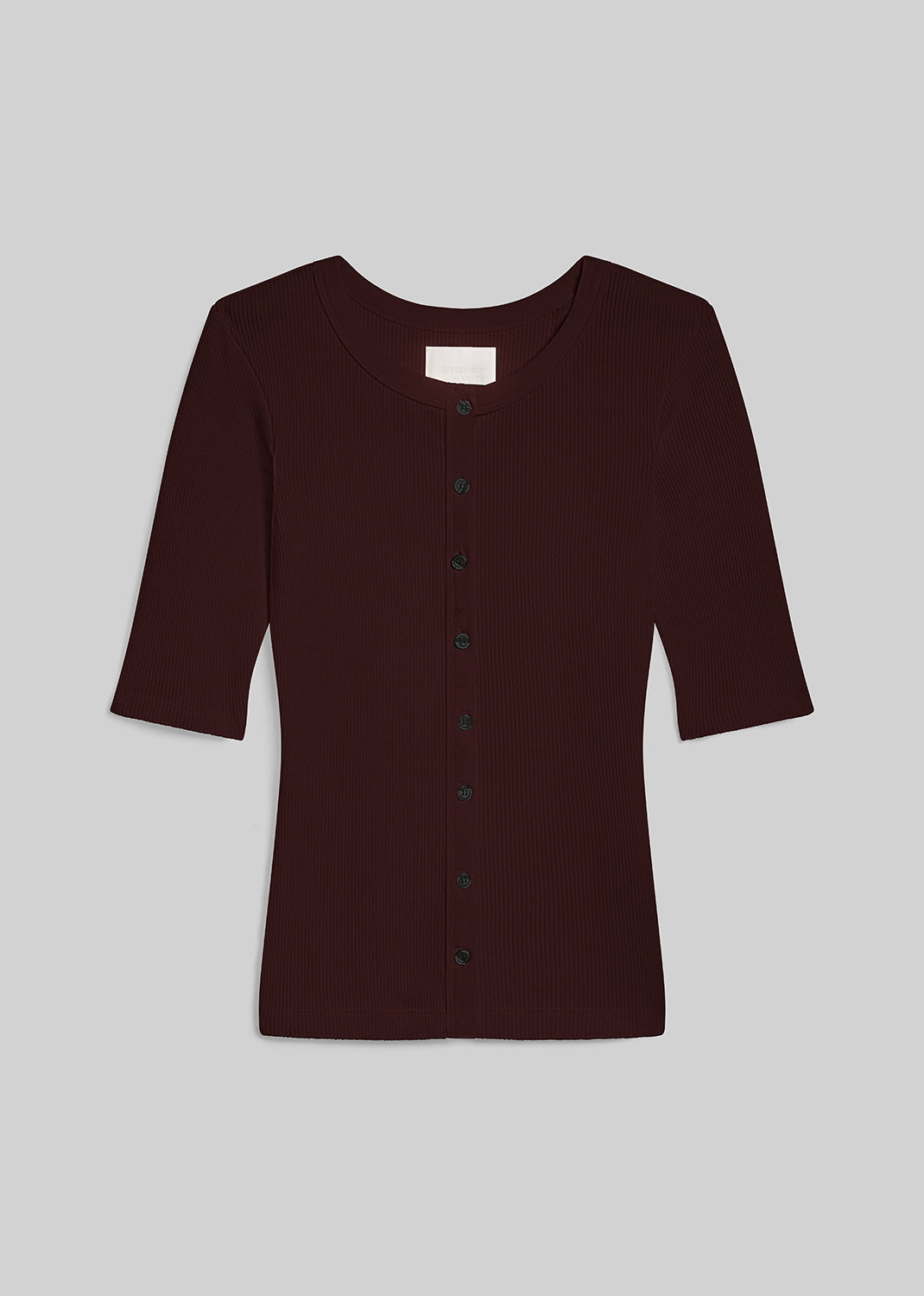 Deep burgundy ribbed knit cardigan with elbow-length sleeves, a round neckline, and front button closure, flat front view on a grey background.