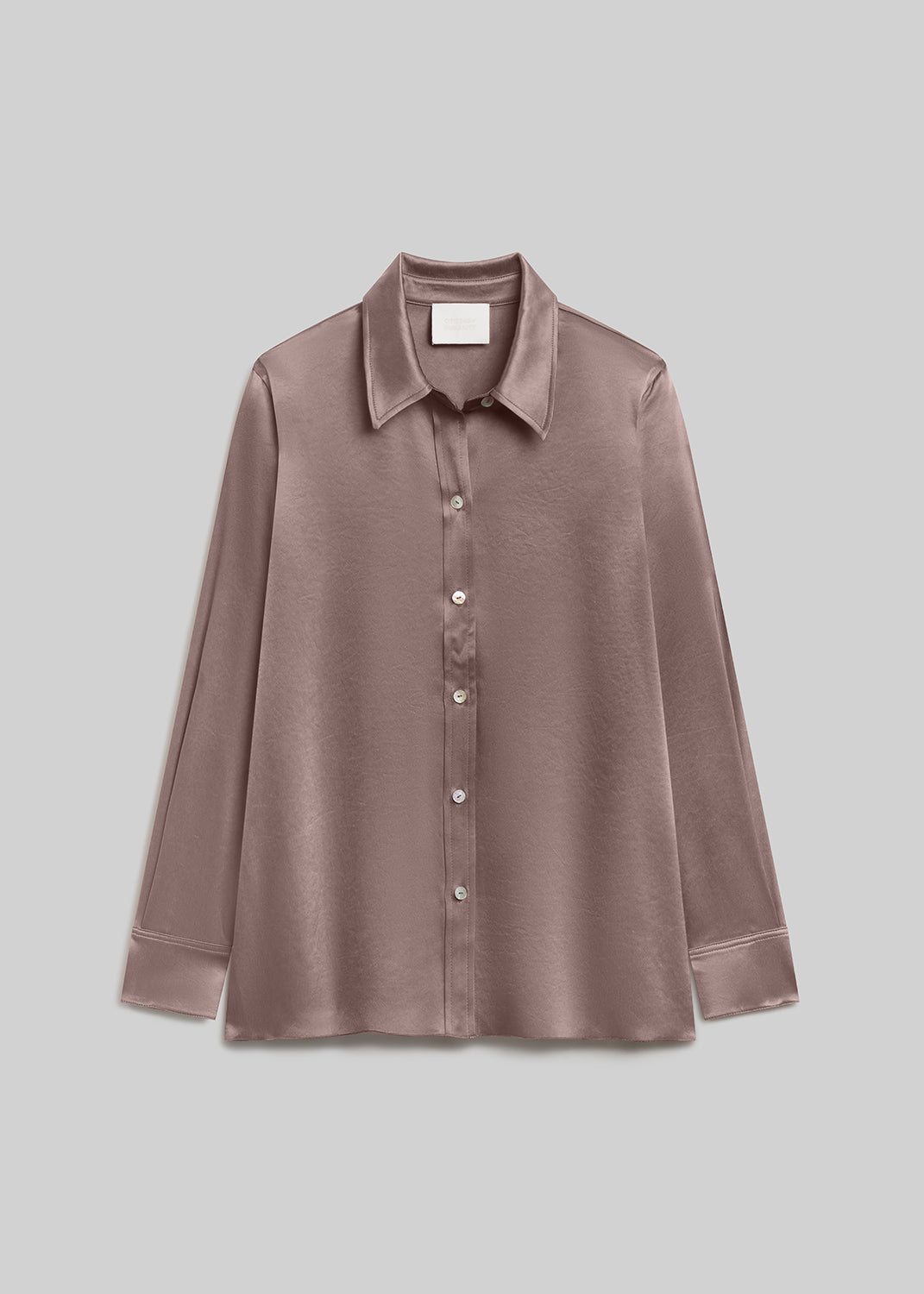 Cocoa brown satin long-sleeve button-down shirt with a pointed collar, front button closure, buttoned cuffs, and a smooth, lustrous finish, front flat lay view on a grey background.