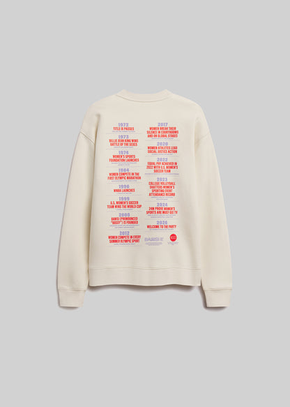 Cream sweatshirt with text on the back on a light gray background