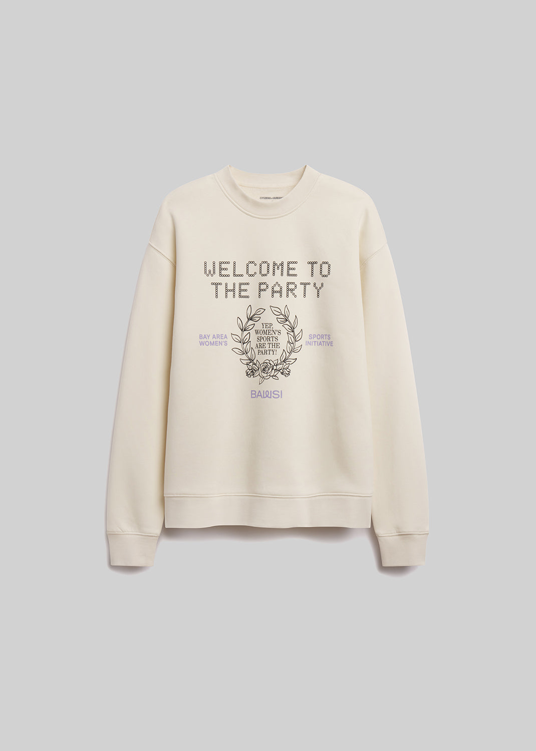 Cream sweatshirt with 'Welcome to the Party' text and graphic on a light gray background