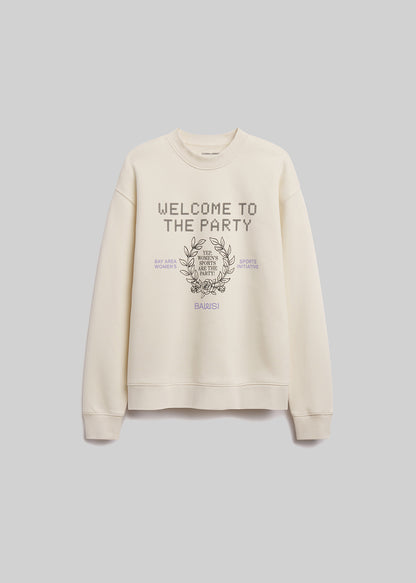 Cream sweatshirt with 'Welcome to the Party' text and graphic on a light gray background