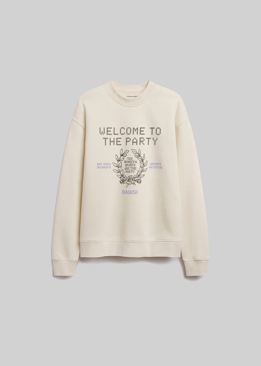 Cream sweatshirt with 'Welcome to the Party' text and graphic on a light gray background