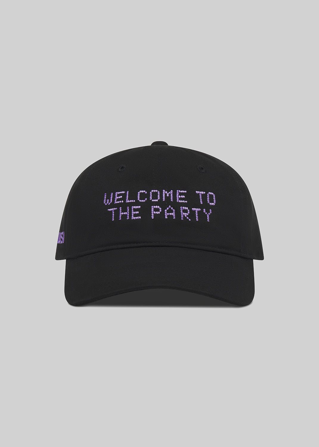 Black cap with 'Welcome to the Party' text on a gray background