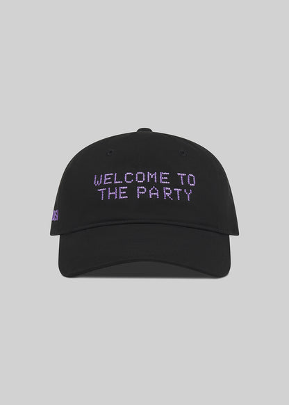Black cap with 'Welcome to the Party' text on a gray background
