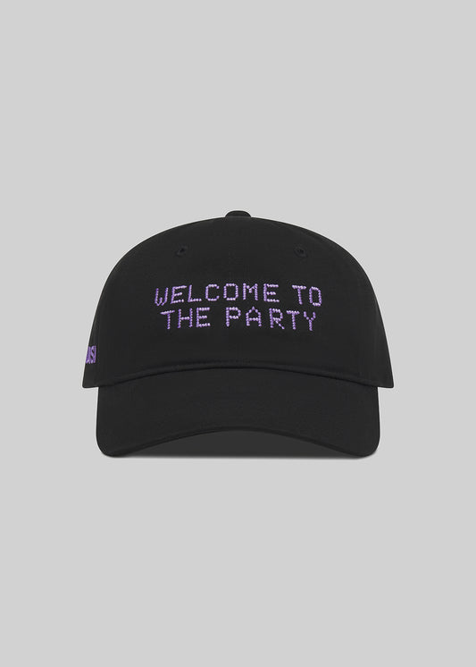 Black cap with 'Welcome to the Party' text on a gray background