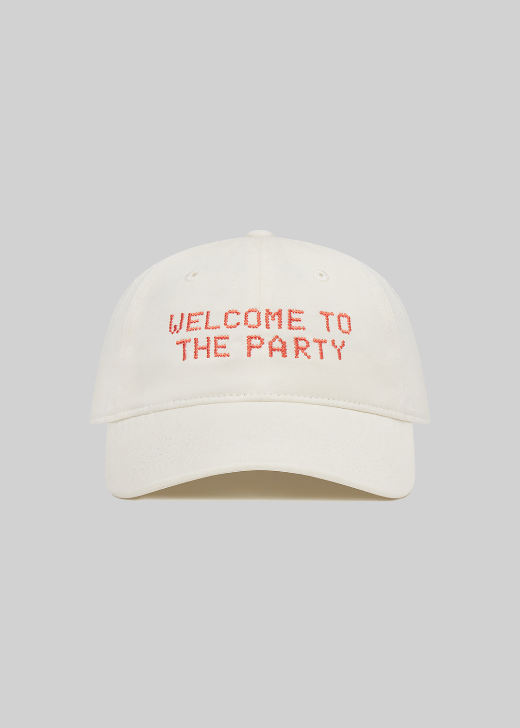Cream cap with 'Welcome to the Party' text on a light gray background