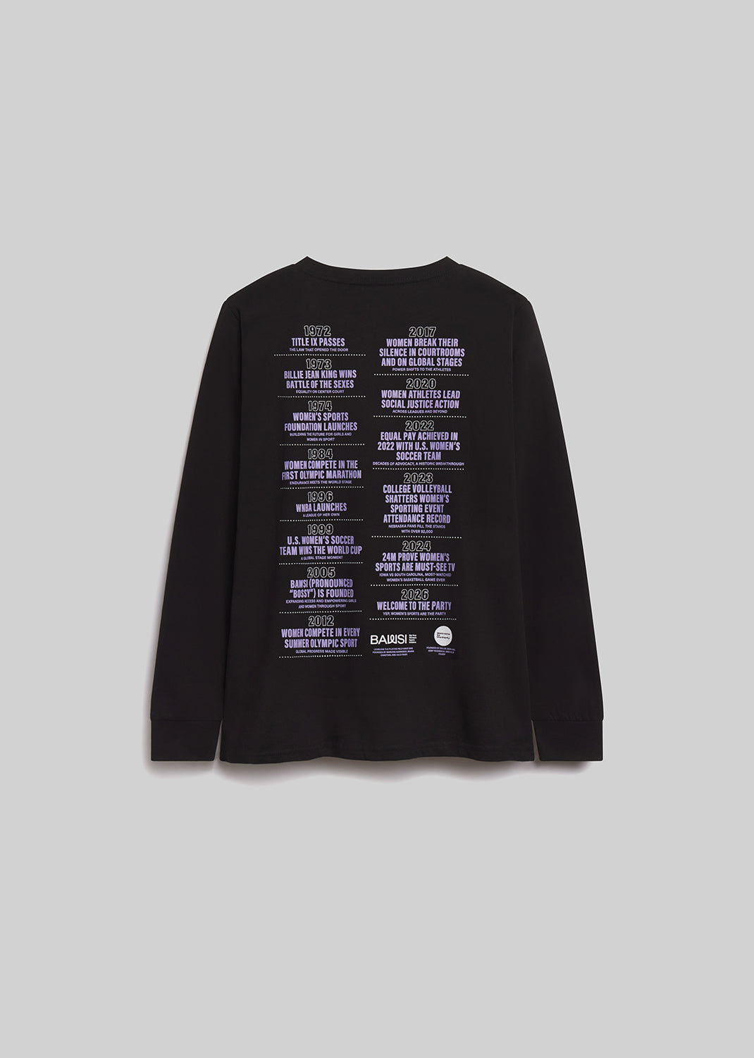 Black long-sleeve shirt with text on the back against a light gray background