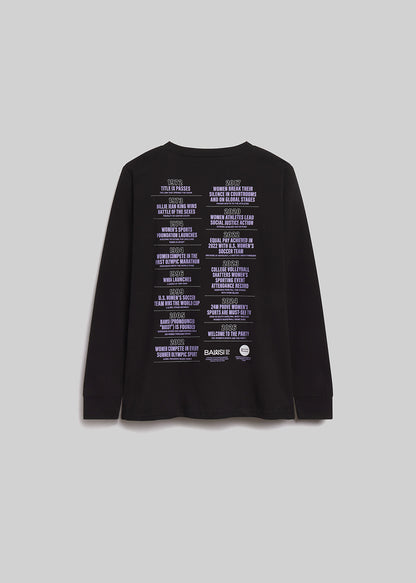 Black long-sleeve shirt with text on the back against a light gray background