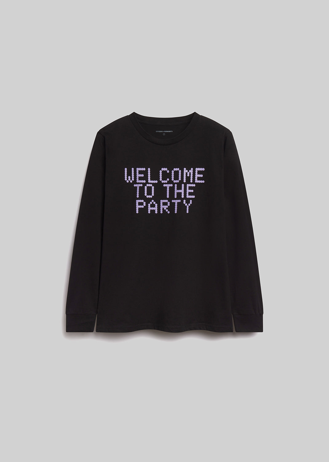 Black long-sleeve shirt with 'Welcome to the Party' text on a light gray background