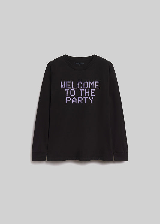 Black long-sleeve shirt with 'Welcome to the Party' text on a light gray background