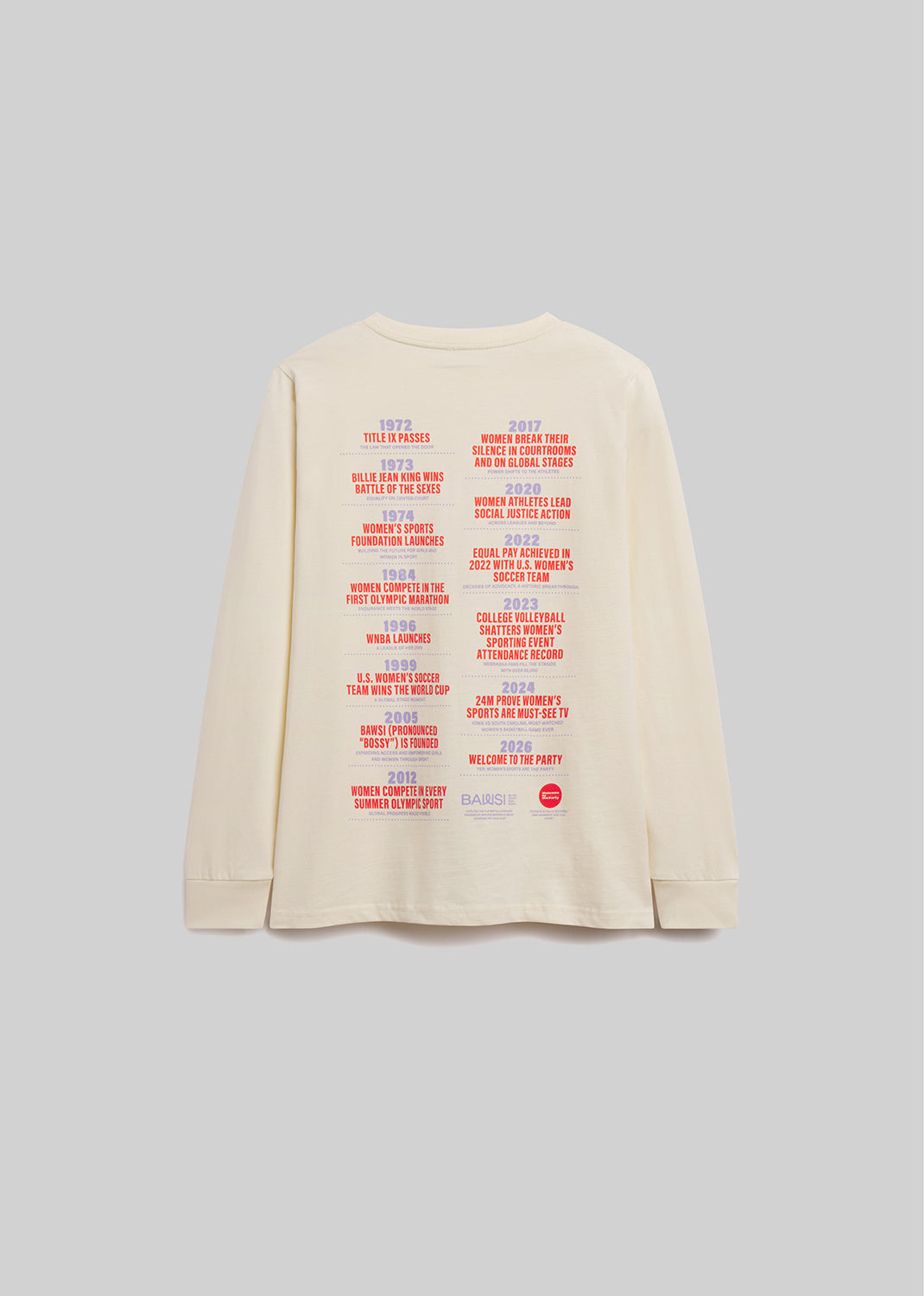 Beige long-sleeve shirt with colorful text on a light gray background