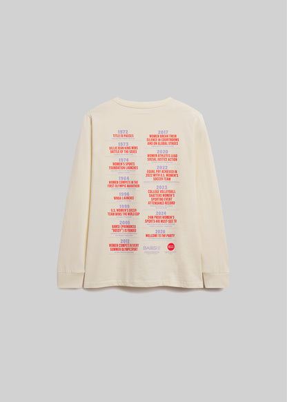 Beige long-sleeve shirt with colorful text on a light gray background