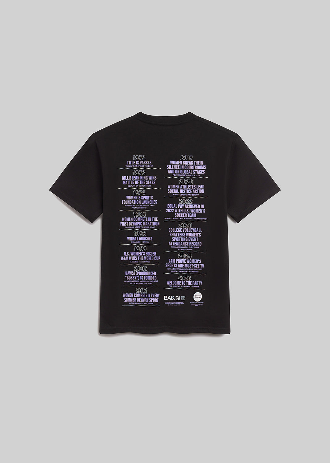 Black t-shirt with text on the back on a light gray background