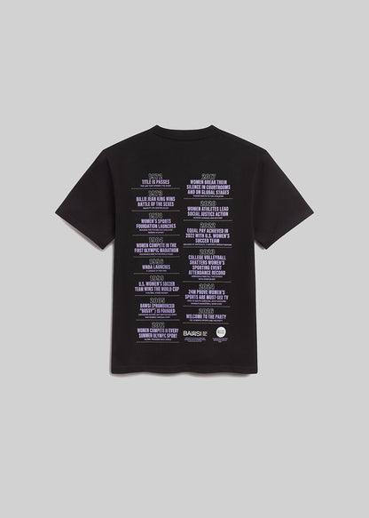 Black t-shirt with text on the back on a light gray background