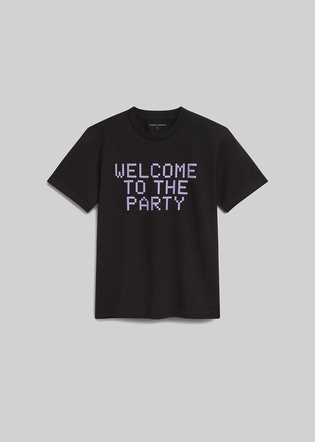 Black short sleeve tee with Welcome to the Party in purple front