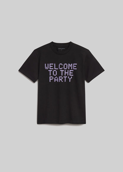Black short sleeve tee with Welcome to the Party in purple front
