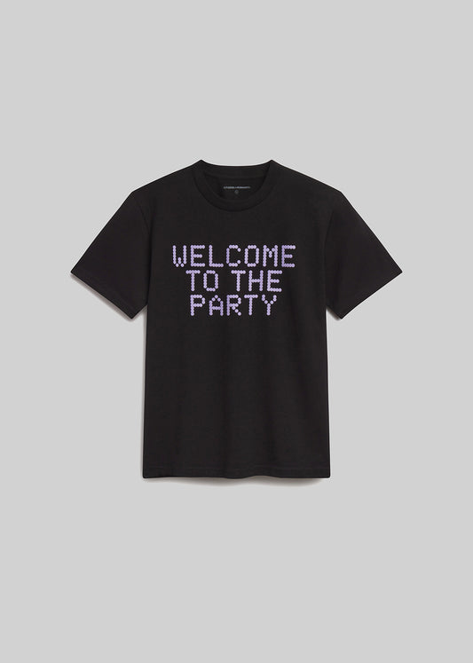 Black short sleeve tee with Welcome to the Party in purple front
