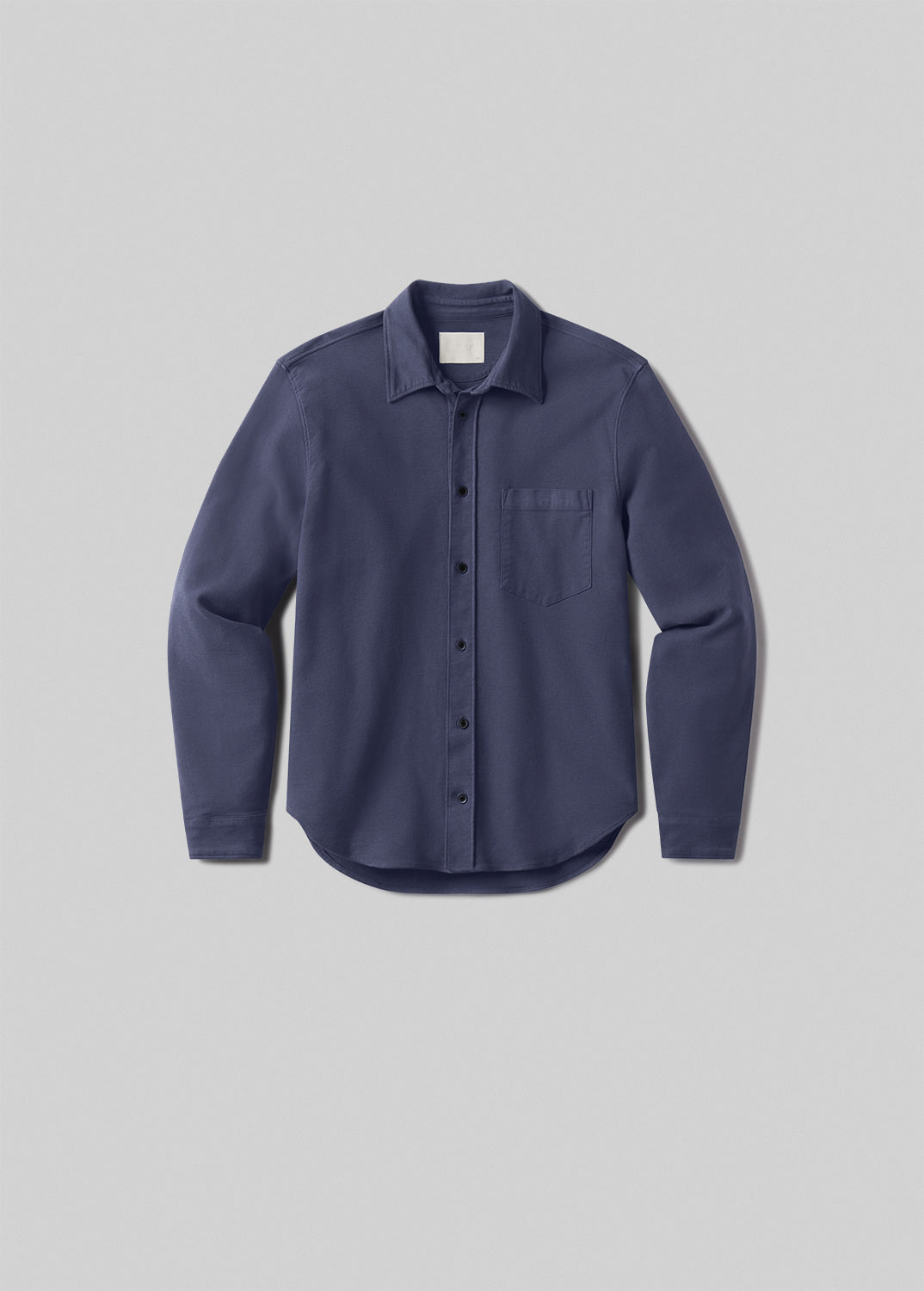 Blue long-sleeve button-up shirt, front product view